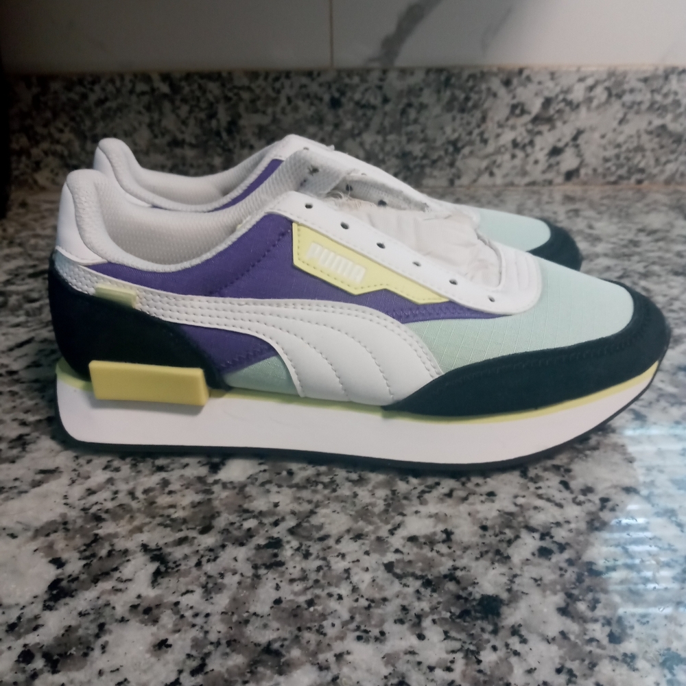 Puma Sneakers in White, Purple, and Mint Size 4.5C( no Shoe Strings)